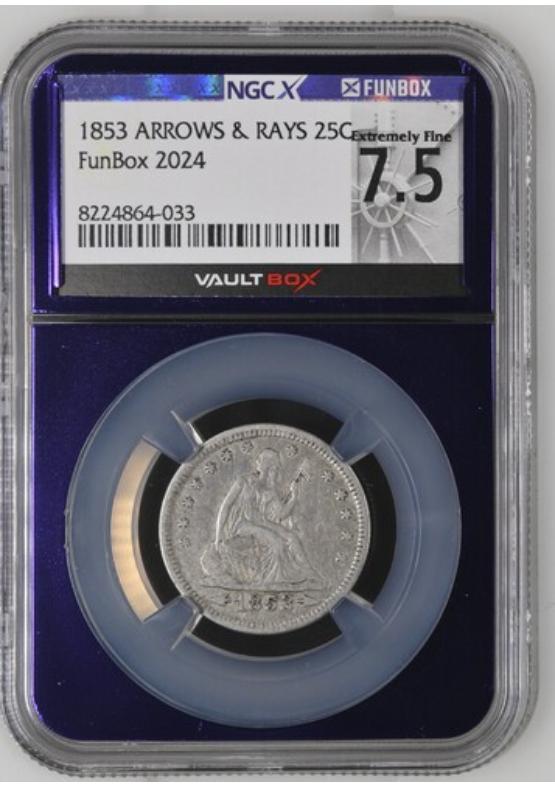 1853 ARROWS & RAYS 25C NGCX EXTREMELY FINE 7.5 Front