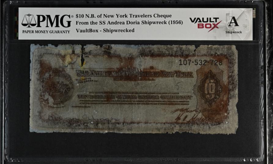Andrea Doria $10 N.B. of New York Travelers Cheque PMG Shipwreck "A" Front
