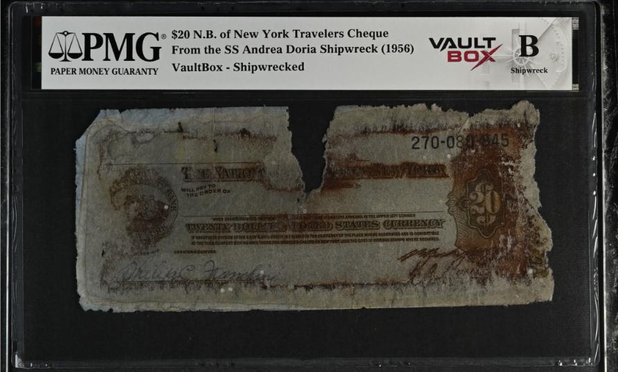 Andrea Doria $20 N.B. of New York Travelers Cheque PMG Shipwreck "B" Front
