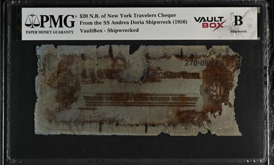 Andrea Doria $20 N.B. of New York Travelers Cheque PMG Shipwreck "B" Front