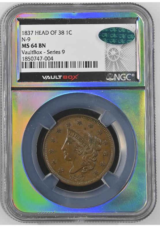 1837 HEAD OF 38 N-9 1C NGC MS64BN CAC FRONT