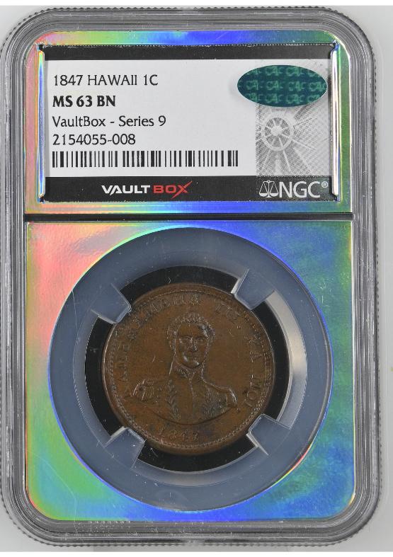 1847 HAWAII 1C NGC MS63BN CAC FRONT