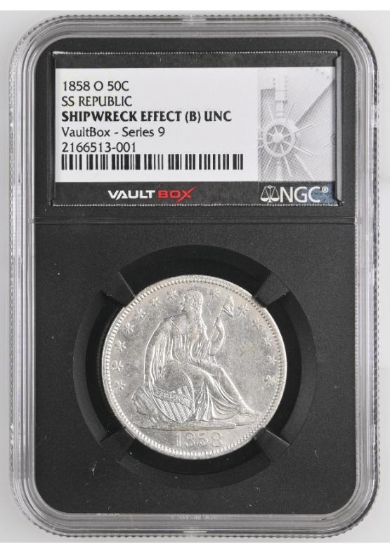 1858-O S.S. REPUBLIC SHIPWRECK 50C NGC SHIPWRECK EFFECT (B) UNC FRONT