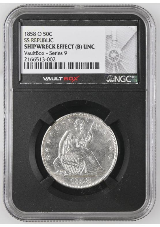 1858-O S.S. REPUBLIC SHIPWRECK 50C NGC SHIPWRECK EFFECT (B) UNC FRONT