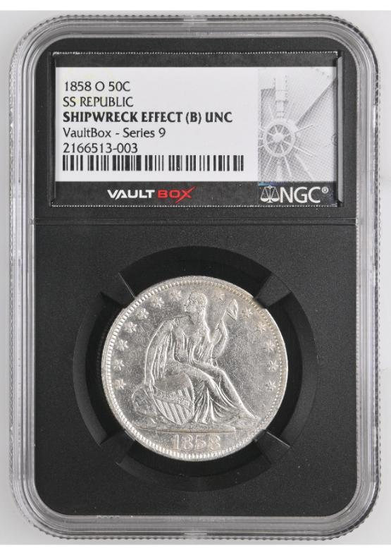 1858-O S.S. REPUBLIC SHIPWRECK 50C NGC SHIPWRECK EFFECT (B) UNC FRONT