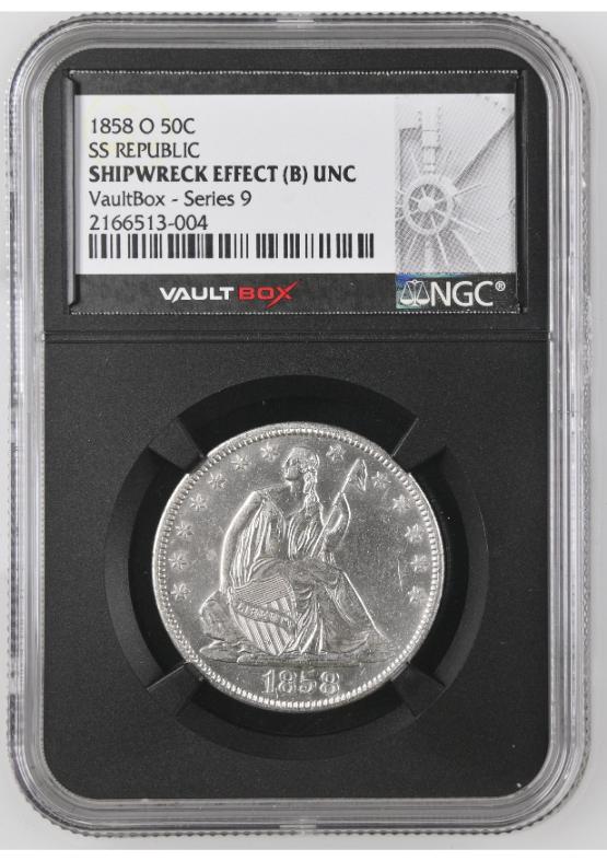1858-O S.S. REPUBLIC SHIPWRECK 50C NGC SHIPWRECK EFFECT (B) UNC FRONT