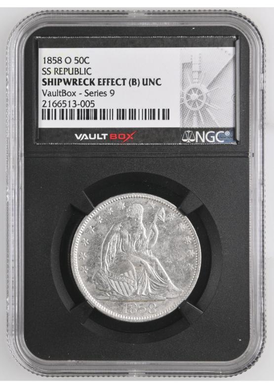 1858-O S.S. REPUBLIC SHIPWRECK 50C NGC SHIPWRECK EFFECT (B) UNC FRONT