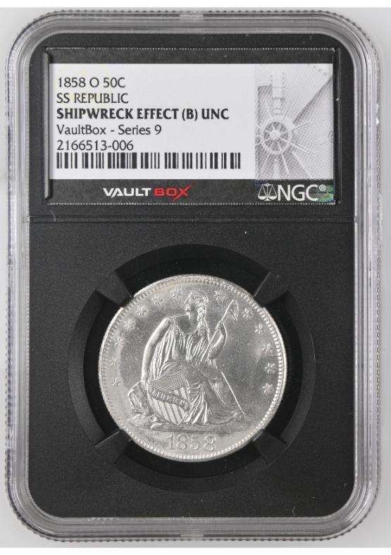 1858-O S.S. REPUBLIC SHIPWRECK 50C NGC SHIPWRECK EFFECT (B) UNC FRONT