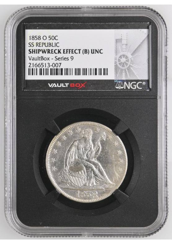 1858-O S.S. REPUBLIC SHIPWRECK 50C NGC SHIPWRECK EFFECT (B) UNC FRONT