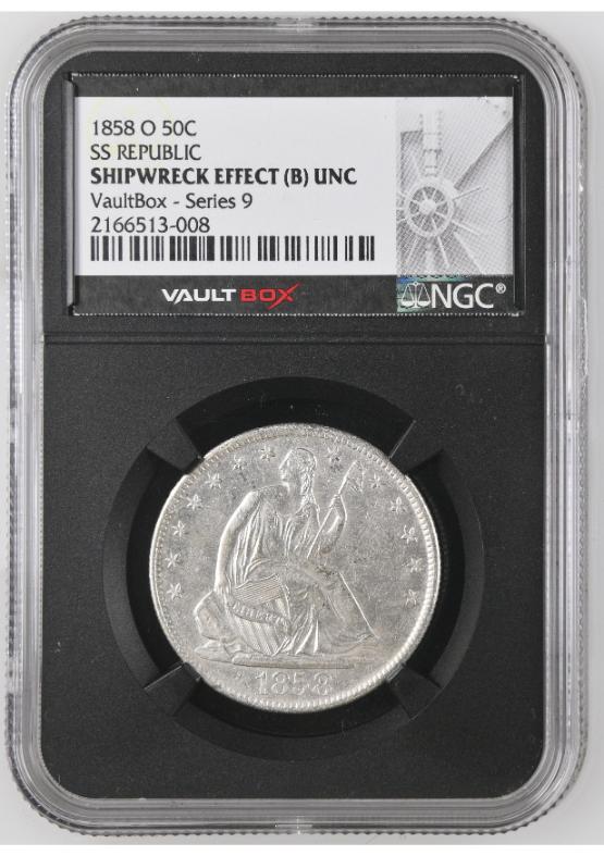 1858-O S.S. REPUBLIC SHIPWRECK 50C NGC SHIPWRECK EFFECT (B) UNC FRONT