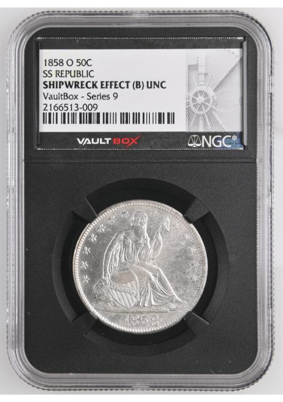 1858-O S.S. REPUBLIC SHIPWRECK 50C NGC SHIPWRECK EFFECT (B) UNC FRONT