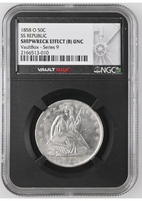 1858-O S.S. REPUBLIC SHIPWRECK 50C NGC SHIPWRECK EFFECT (B) UNC FRONT