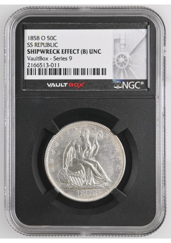 1858-O S.S. REPUBLIC SHIPWRECK 50C NGC SHIPWRECK EFFECT (B) UNC FRONT