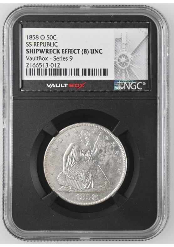 1858-O S.S. REPUBLIC SHIPWRECK 50C NGC SHIPWRECK EFFECT (B) UNC FRONT