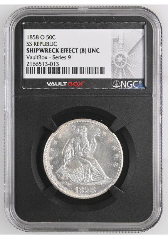 1858-O S.S. REPUBLIC SHIPWRECK 50C NGC SHIPWRECK EFFECT (B) UNC FRONT