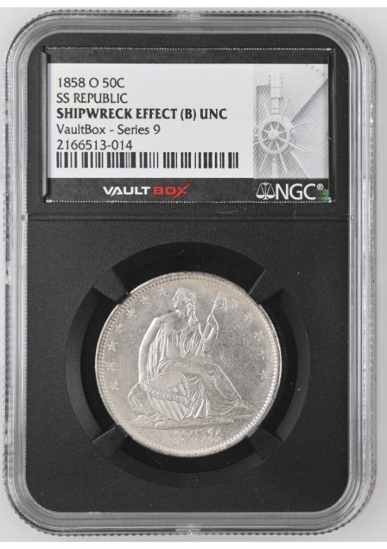 1858-O S.S. REPUBLIC SHIPWRECK 50C NGC SHIPWRECK EFFECT (B) UNC FRONT