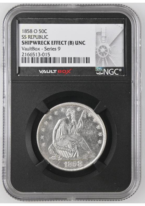 1858-O S.S. REPUBLIC SHIPWRECK 50C NGC SHIPWRECK EFFECT (B) UNC FRONT