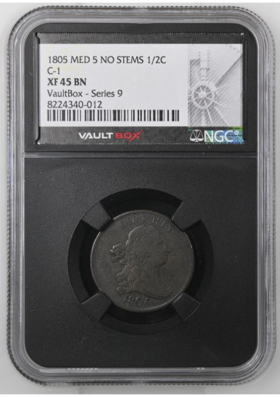 1805 MED 5 NO STEMS C-1 1/2C NGC XF45BN FRONT