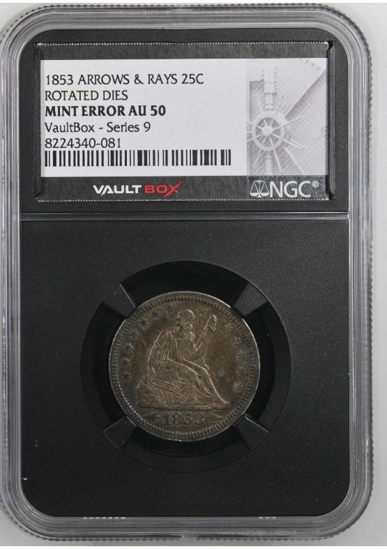 1853 ARROWS & RAYS 25C NGC MINT ERROR AU50 FRONT