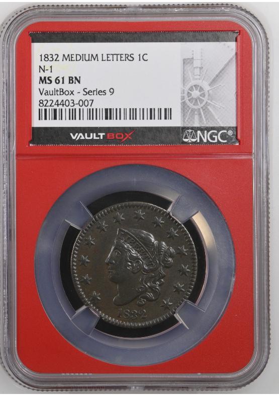 1832 MEDIUM LETTERS N-1 1C NGC MS61BN FRONT