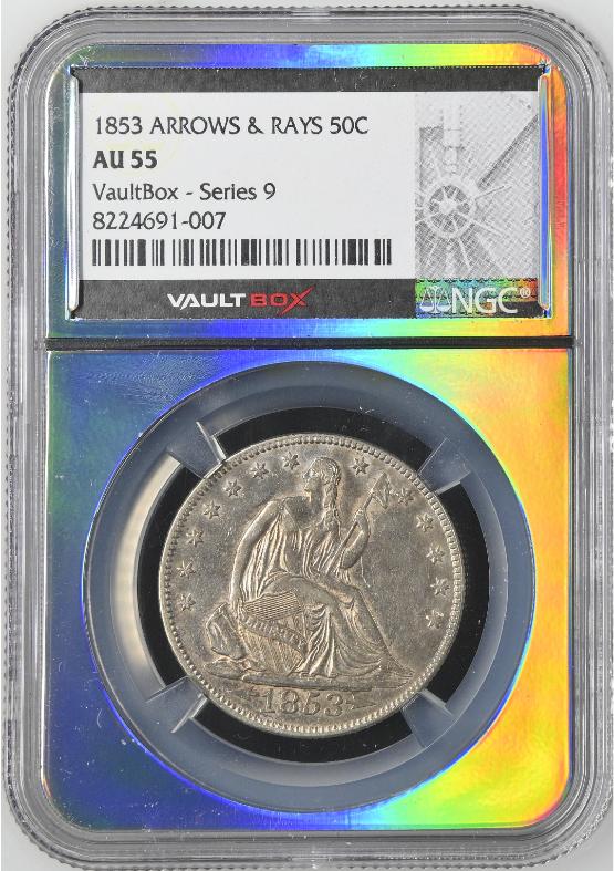 1853 ARROWS & RAYS 50C NGC AU55 TONER FRONT