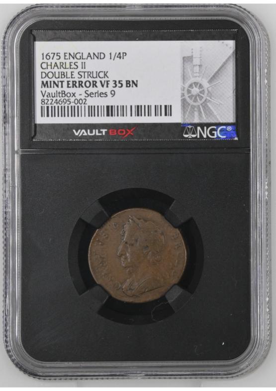 1675 ENGLAND S-3394 CHARLES II 1/4P NGC MINT ERROR VF35BN FRONT