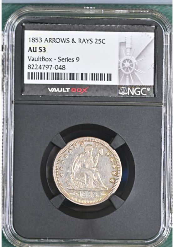 1853 ARROWS & RAYS 25C NGC AU53 FRONT