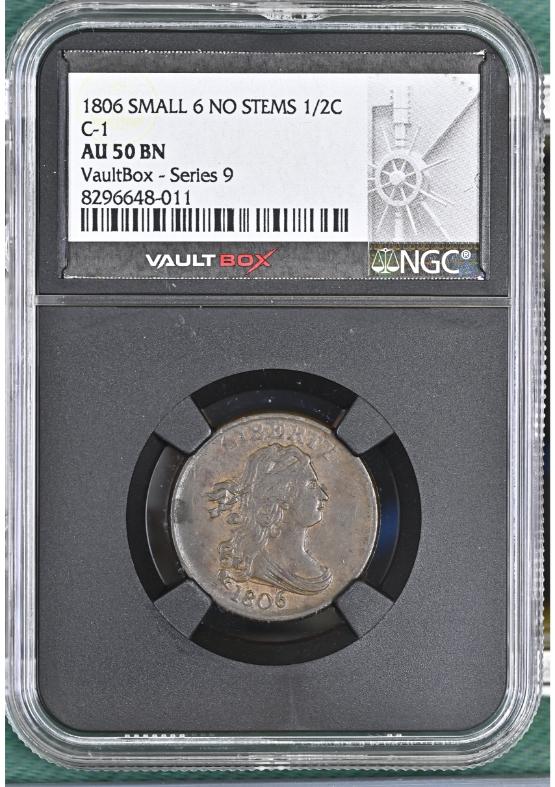 1806 SMALL 6 NO STEMS C-1 1/2C NGC AU50BN FRONT