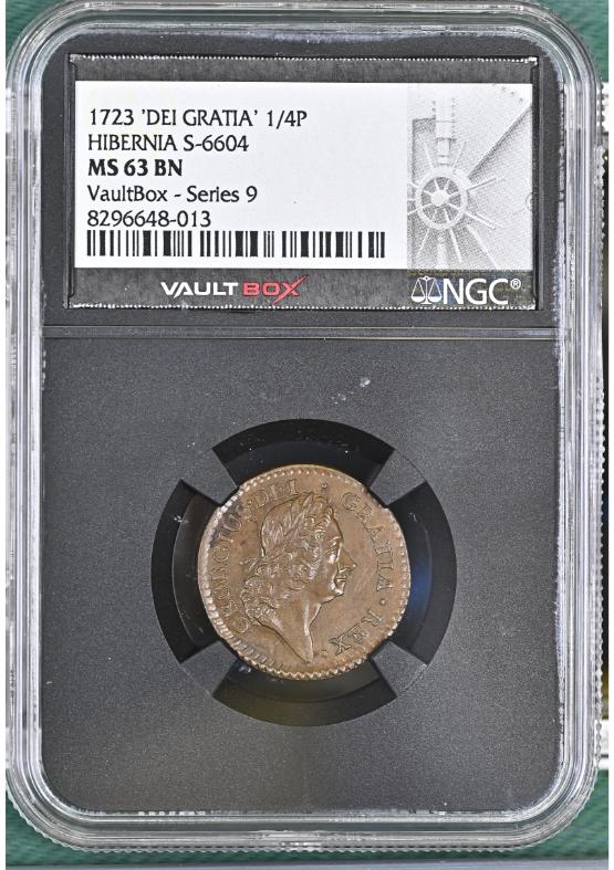 1723 'DEI-GRATIA' HIBERNIA S-6604 1/4P NGC MS63BN FRONT
