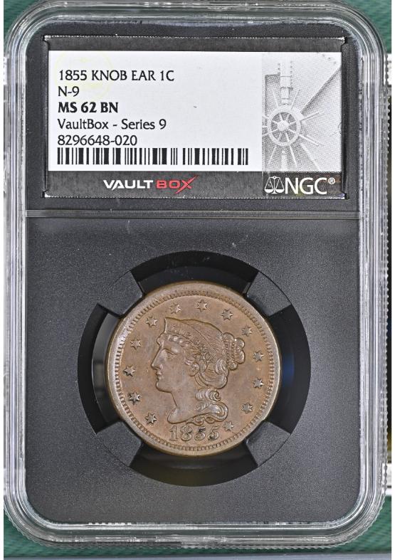 1855 KNOB EAR N-9 1C NGC MS62BN FRONT