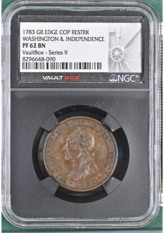 1783 GR EDGE COP RESTRK WASHINGTON & INDEPENDENCE NGC PF62BN FRONT