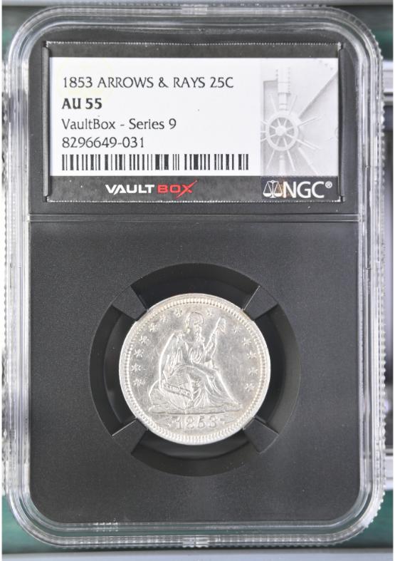 1853 ARROWS & RAYS 25C NGC AU55 FRONT