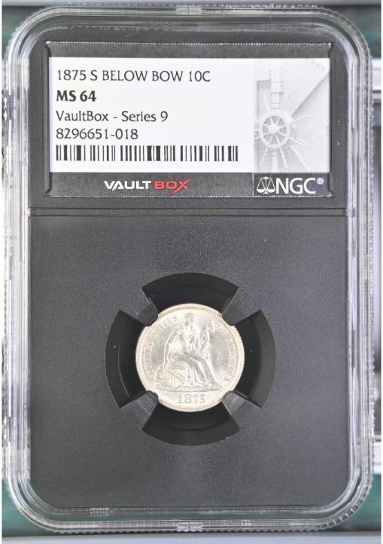 1875-S BELOW BOW 10C NGC MS64 FRONT