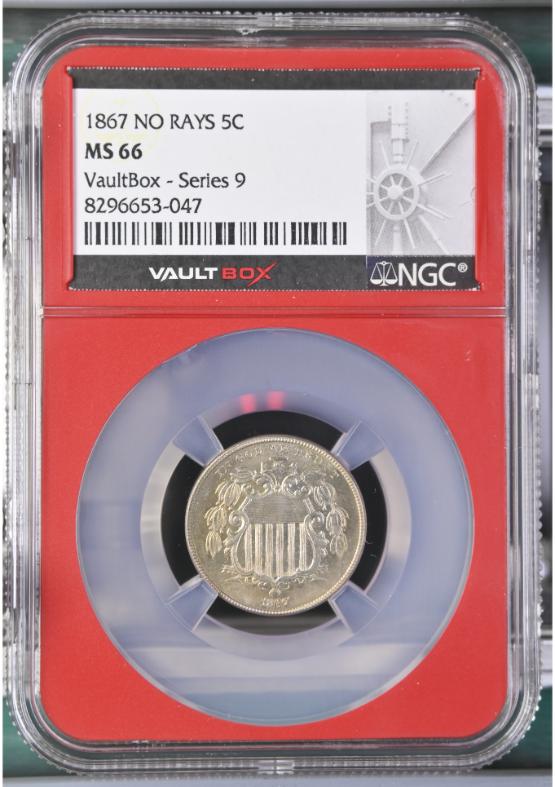 1867 NO RAYS 5C NGC MS66 FRONT