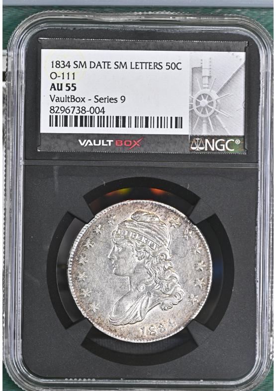 1834 SM DATE SM LETTERS O-111 50C NGC AU55 FRONT