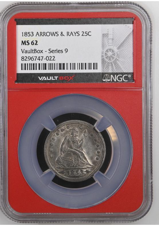 1853 ARROWS & RAYS 25C NGC MS62 FRONT