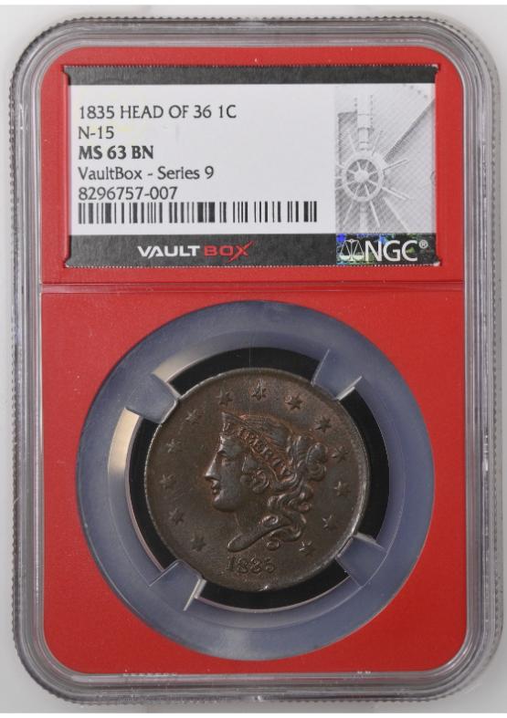 1835 HEAD OF 36 N-15 1C NGC MS63BN FRONT