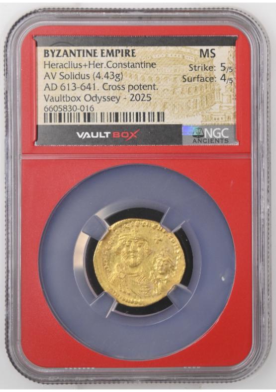 BYZANTINE EMPIRE HERACLIUS+HER.CONSTANTINE AV SOLIDUS AD 613-641. TWO EMPERORS. NGC MS STRIKE: 5/5 SURFACE: 4/5  FRONT
