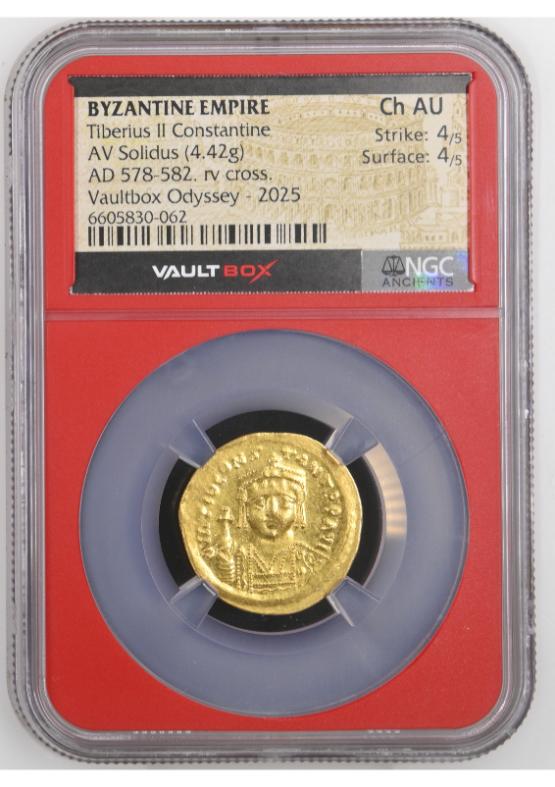 BYZANTINE EMPIRE TIBERIUS II CONSTANTINE AV SOLIDUS AD 578-582. FACING BUST. NGC CH AU STRIKE: 4/5 SURFACE: 4/5  FRONT