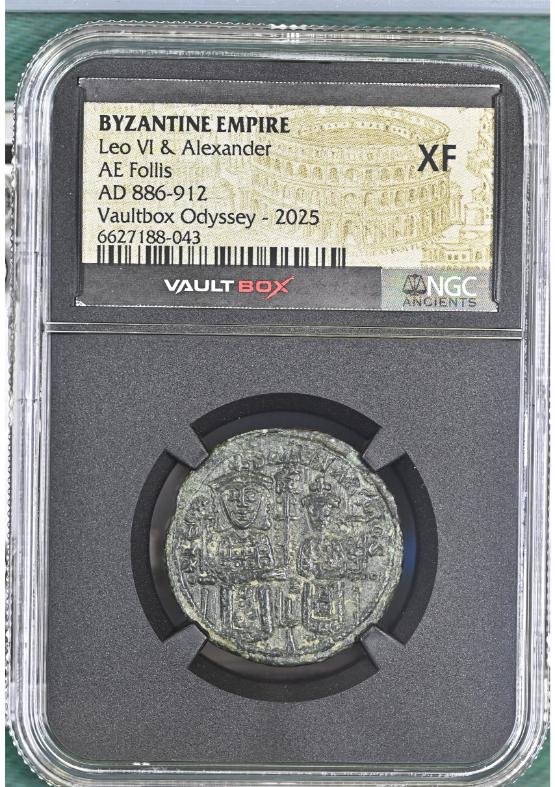 BYZANTINE EMPIRE LEO VI & ALEXANDER AE FOLLIS AD 886-912 NGC XF  FRONT
