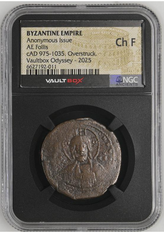 BYZANTINE EMPIRE ANONYMOUS ISSUE AE FOLLIS CAD 975-1035. OVERSTRUCK. NGC CH F  FRONT