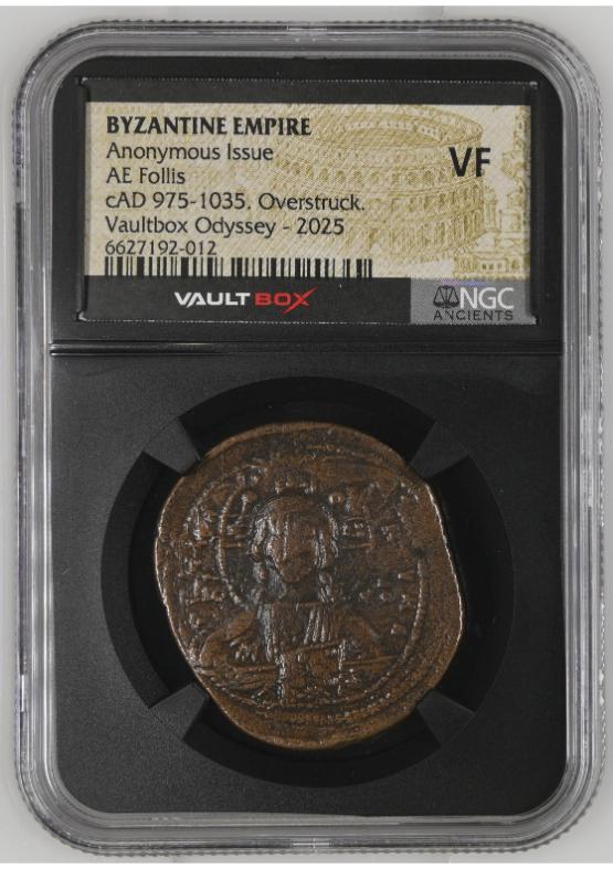 BYZANTINE EMPIRE ANONYMOUS ISSUE AE FOLLIS CAD 975-1035. OVERSTRUCK. NGC VF  FRONT