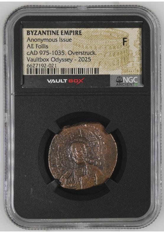 BYZANTINE EMPIRE ANONYMOUS ISSUE AE FOLLIS CAD 975-1035. OVERSTRUCK. NGC F  FRONT