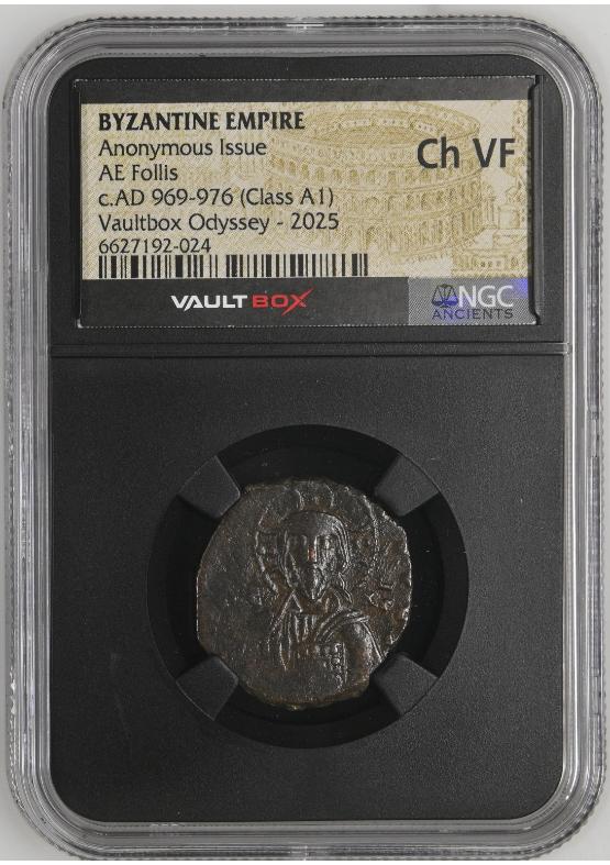 BYZANTINE EMPIRE ANONYMOUS ISSUE AE FOLLIS C.AD 969-976 (CLASS A1) NGC CH VF  FRONT