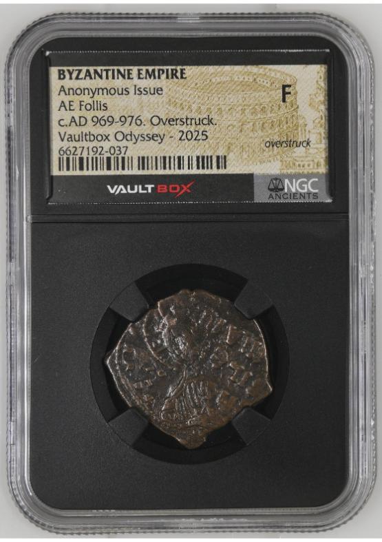 BYZANTINE EMPIRE ANONYMOUS ISSUE AE FOLLIS C.AD 969-976. OVERSTRUCK. NGC F OVERSTRUCK FRONT