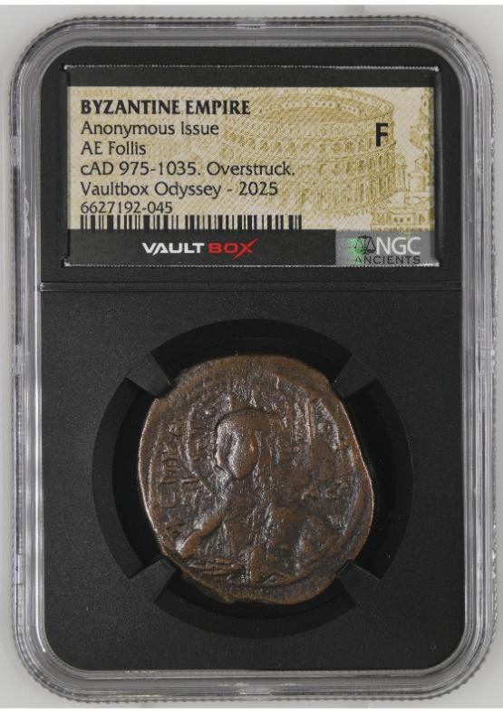 BYZANTINE EMPIRE ANONYMOUS ISSUE AE FOLLIS CAD 975-1035. OVERSTRUCK. NGC F  FRONT