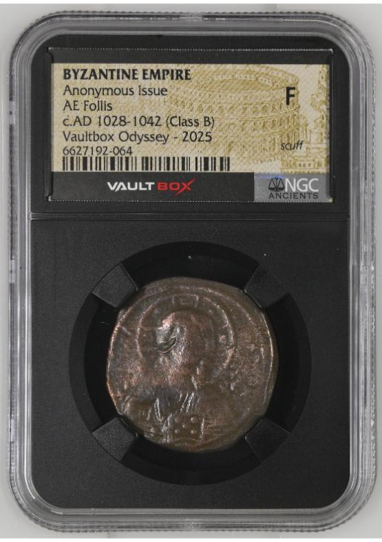BYZANTINE EMPIRE ANONYMOUS ISSUE AE FOLLIS C.AD 1028-1042 (CLASS B) NGC F SCUFF FRONT