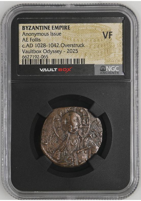 BYZANTINE EMPIRE ANONYMOUS ISSUE AE FOLLIS C.AD 1028-1042.OVERSTRUCK NGC VF  FRONT
