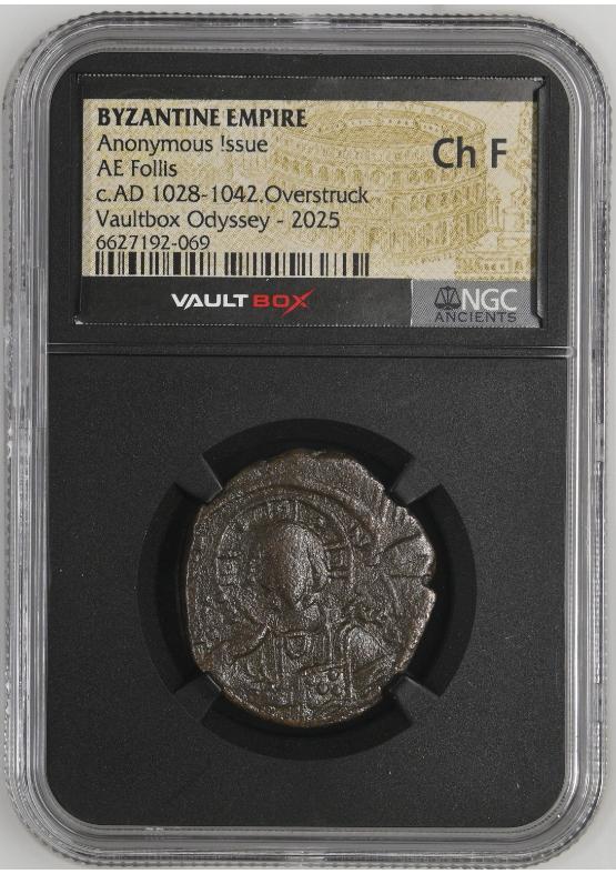 BYZANTINE EMPIRE ANONYMOUS ISSUE AE FOLLIS C.AD 1028-1042.OVERSTRUCK NGC CH F  FRONT