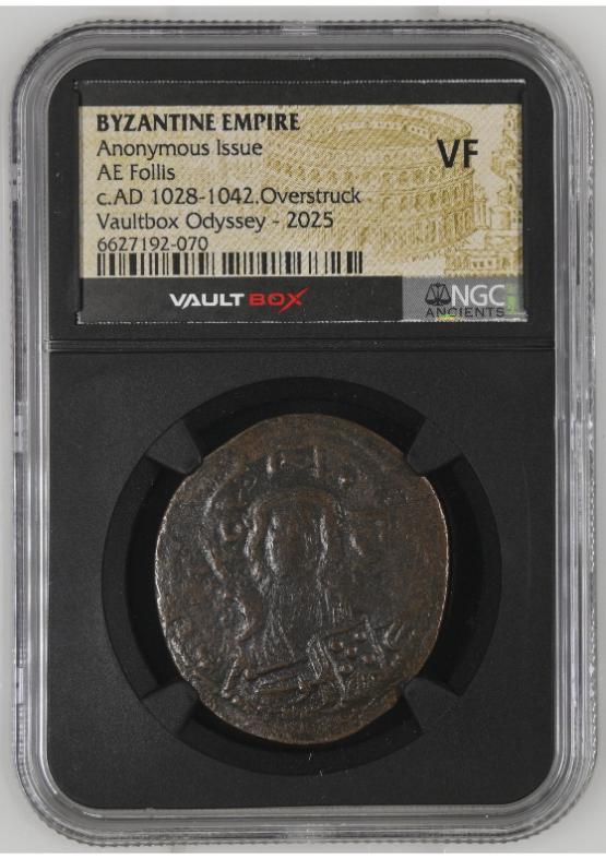 BYZANTINE EMPIRE ANONYMOUS ISSUE AE FOLLIS C.AD 1028-1042.OVERSTRUCK NGC VF  FRONT